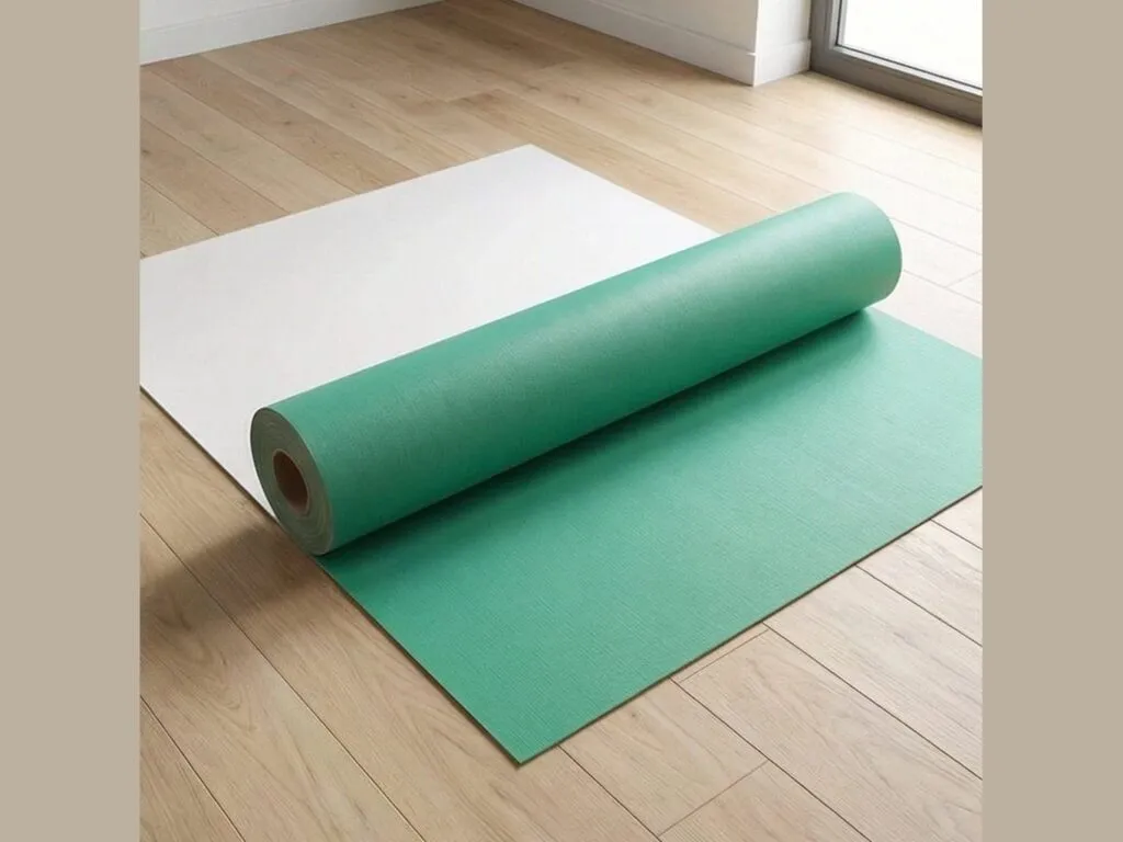 Bìa amiang: Cuộn bìa amiang xanh lá trải một phần trên sàn