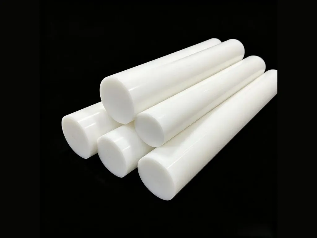 Cây nhựa teflon PTFE: Bó năm cây nhựa PTFE trắng sữa xếp chồng hai tầng trên nền đen