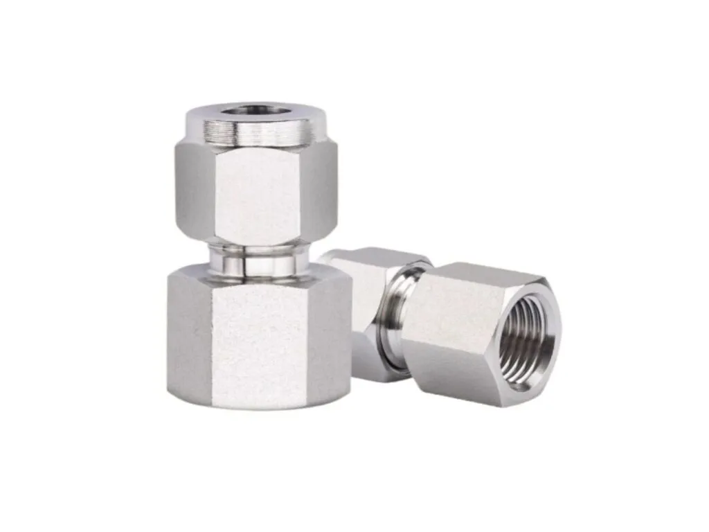 Đầu nối khí nén inox 304, 316: Hai đầu nối inox ren trong nối ống, một đứng một nằm