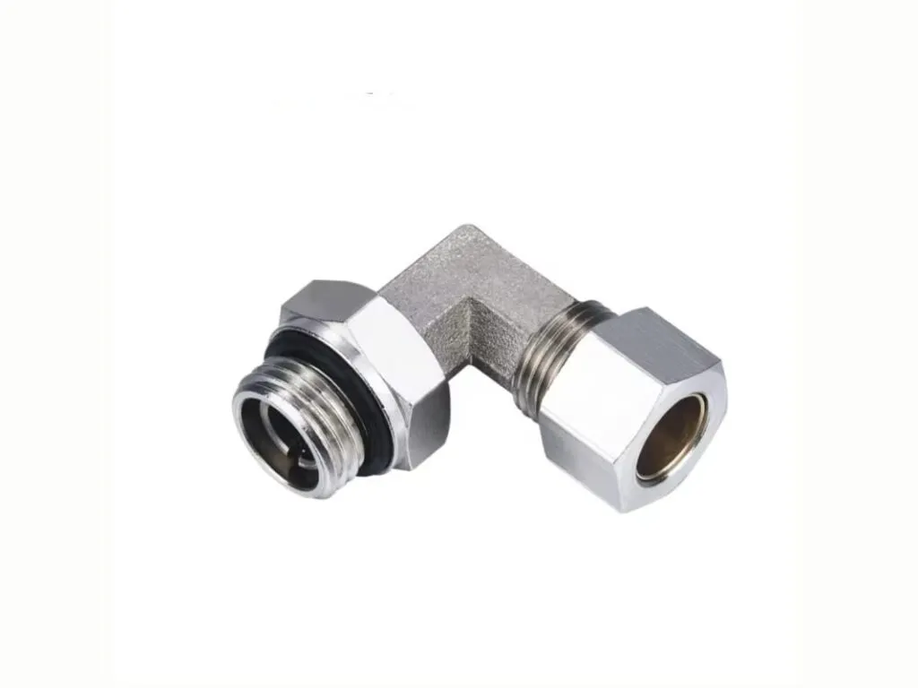 Đầu nối ống hơi bằng đồng: Co vuông đồng mạ ren ngoài có vòng đệm làm kín, đầu kia siết ống