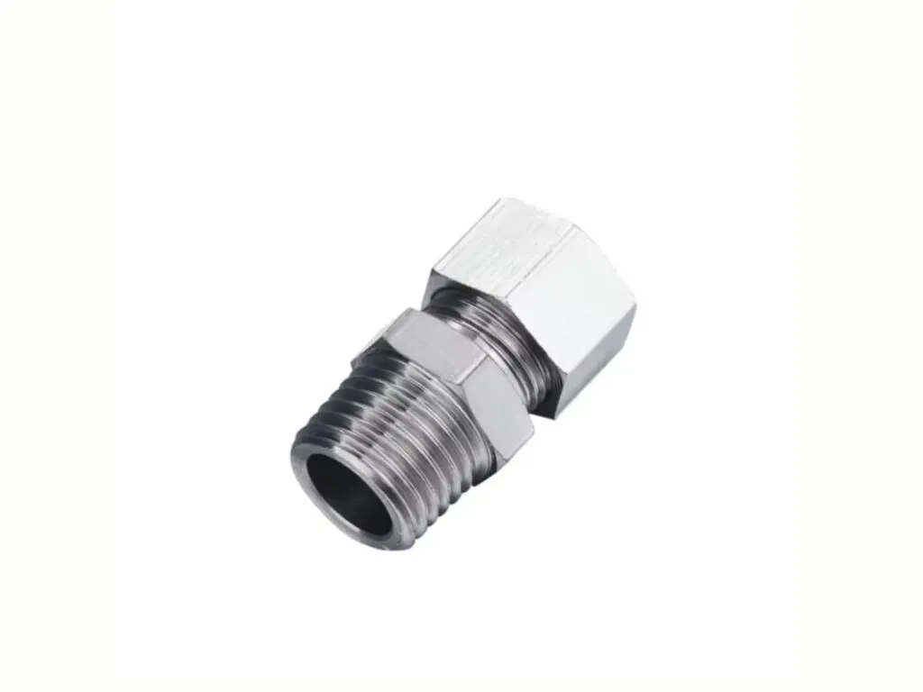 Đầu nối ống hơi bằng đồng: Đầu nối thẳng đồng mạ niken một đầu ren ngoài, một đầu siết ống