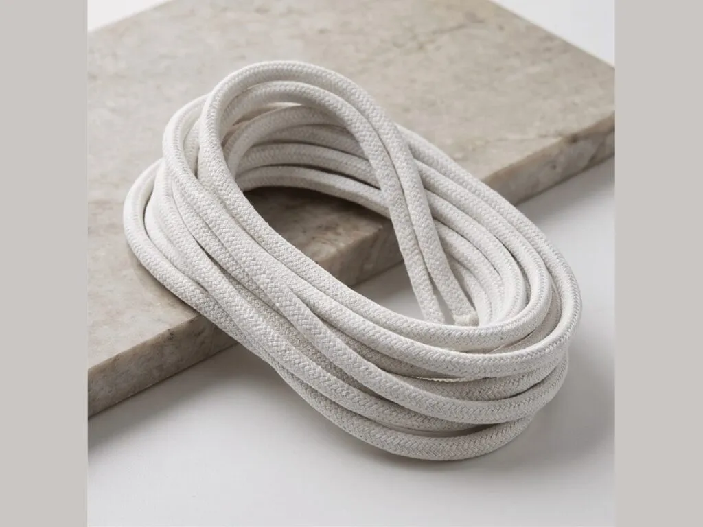 Dây sợi gốm ceramic: Vài vòng dây sợi gốm bện tròn màu trắng đặt trên tấm đá