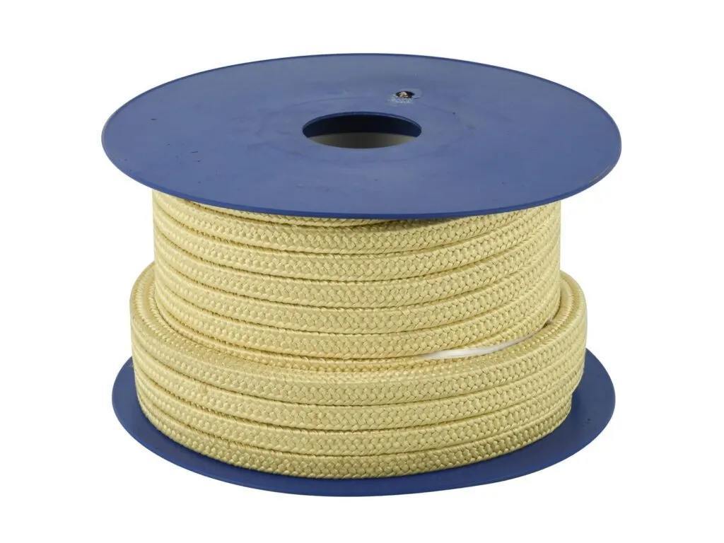 Dây tết chèn aramid: Ống cuộn xanh quấn dây tết chèn aramid vàng nhìn từ trên
