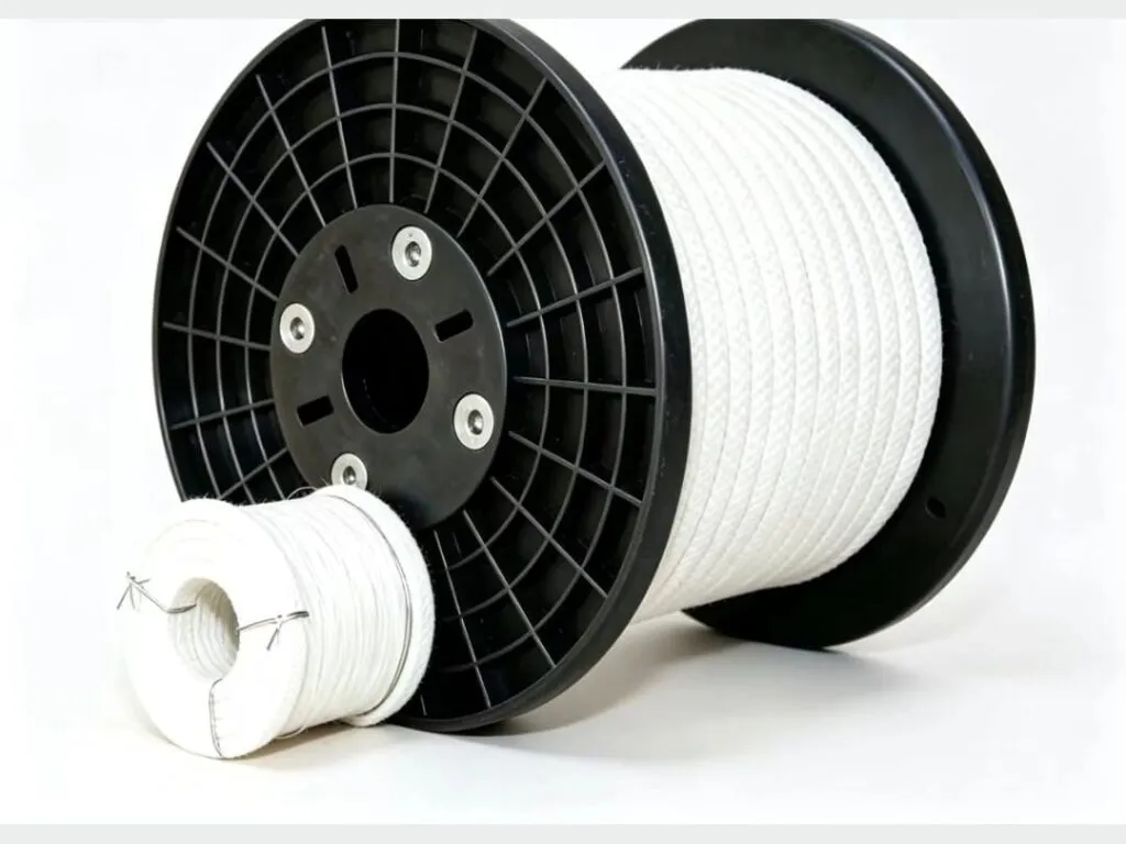 Dây tết chèn PTFE: Cuộn dây tết chèn PTFE trắng quấn trên lõi nhựa đen lớn