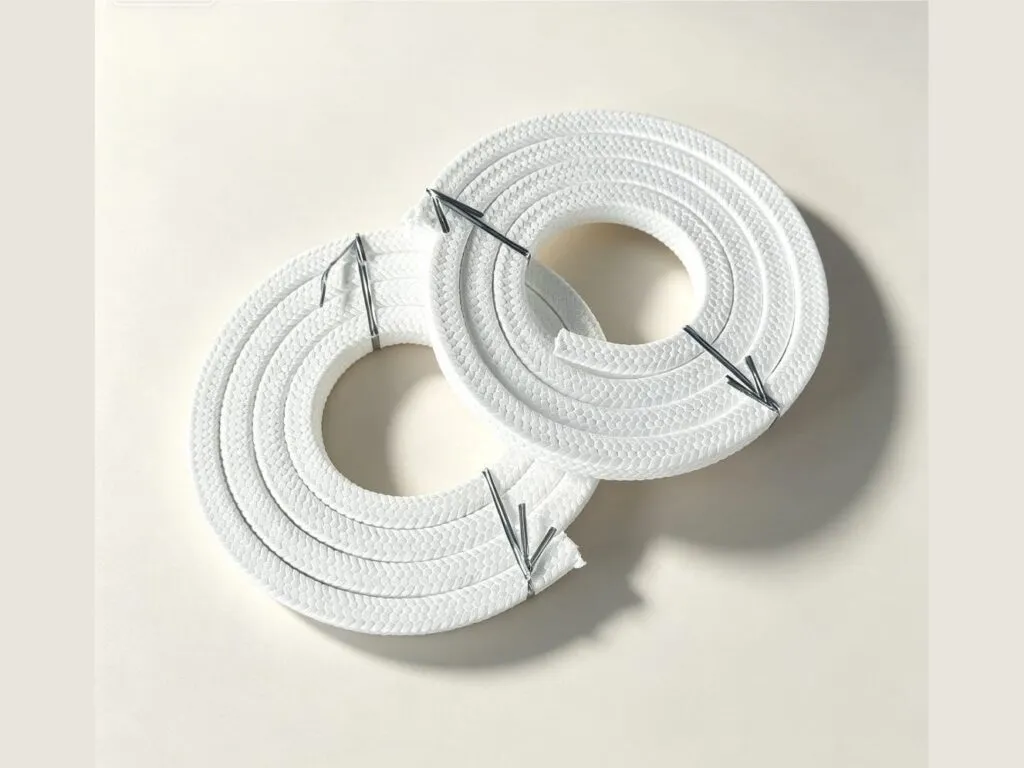 Dây tết chèn PTFE: Hai cuộn dây tết chèn PTFE trắng xếp chồng chéo nhau