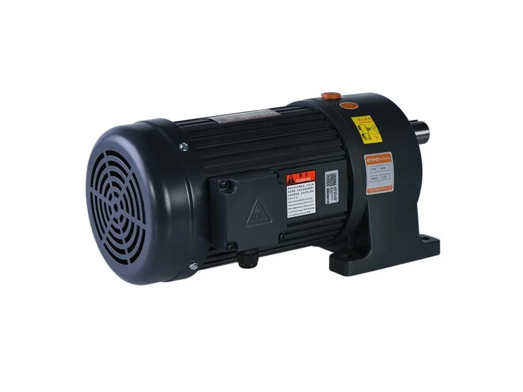 Động cơ giảm tốc: Motor giảm tốc trục thẳng đen nhìn từ phía nắp quạt