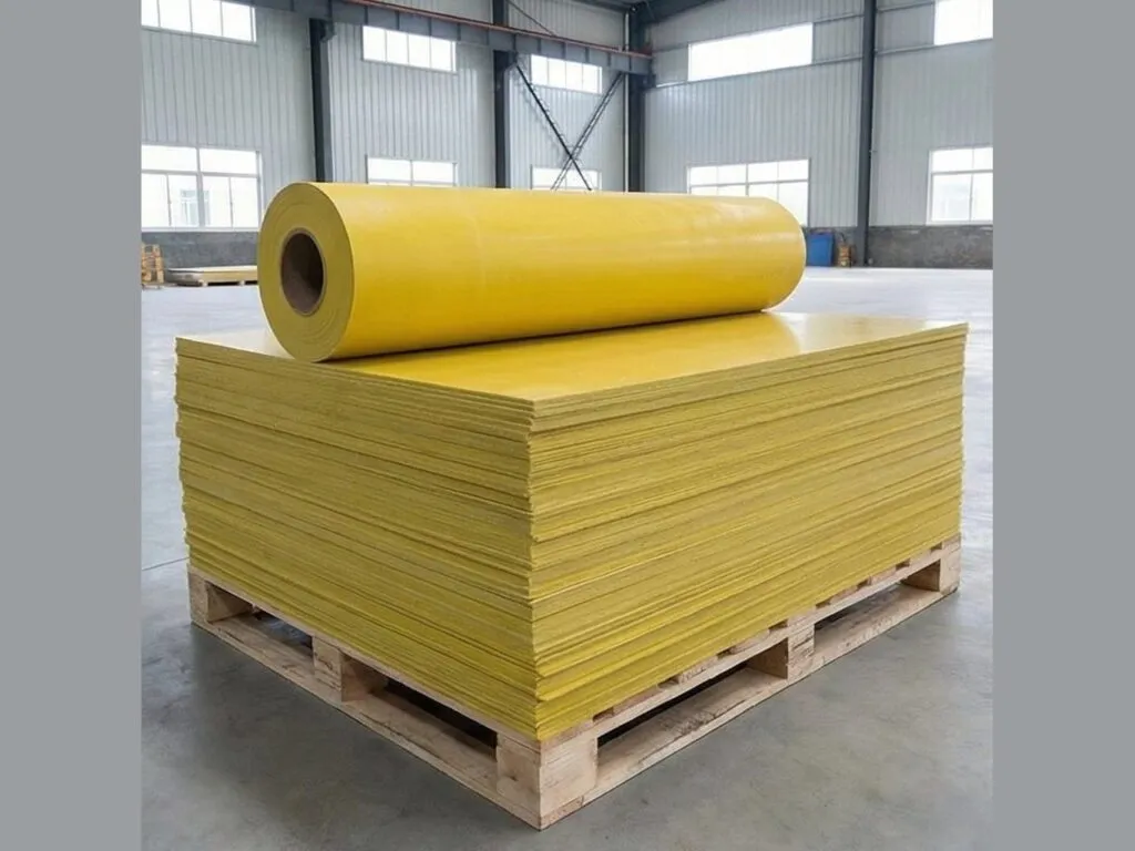 Gioăng không amiang cắt theo mặt bích: Cuộn tấm gioăng vàng đặt trên chồng tấm pallet