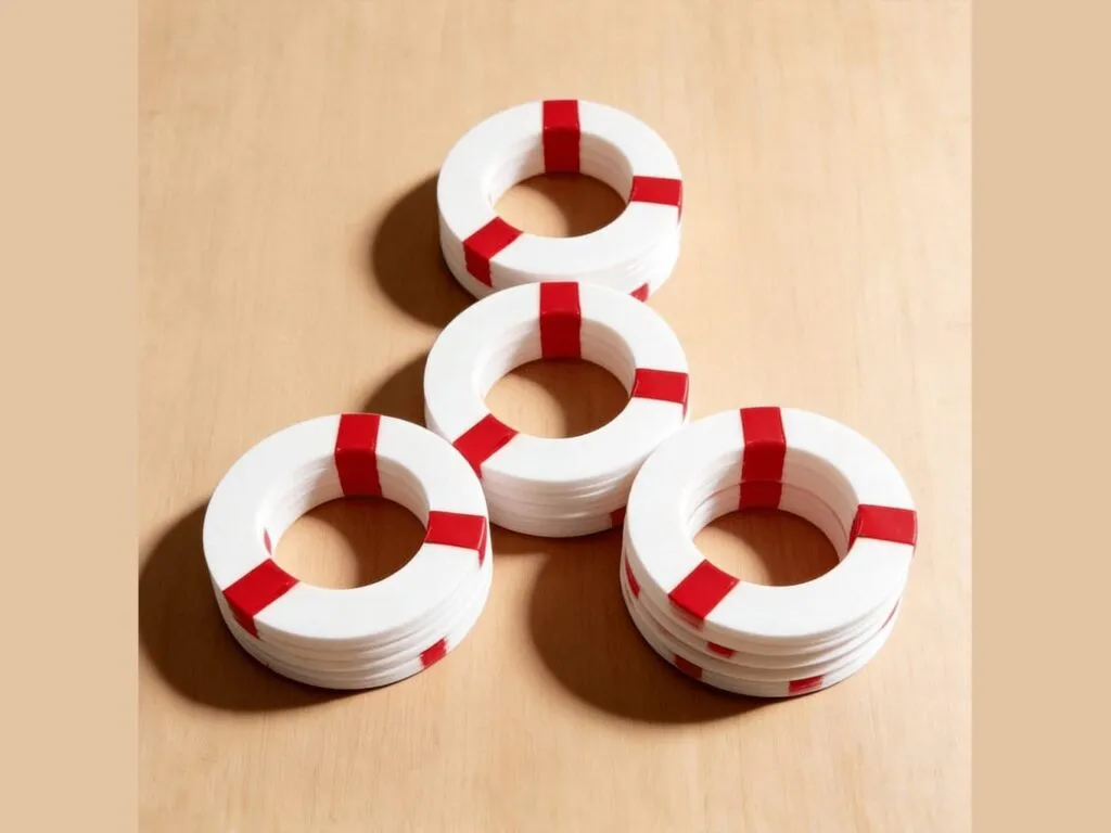 Gioăng PTFE: Ba cụm vòng gioăng PTFE trắng buộc băng đỏ trên nền gỗ