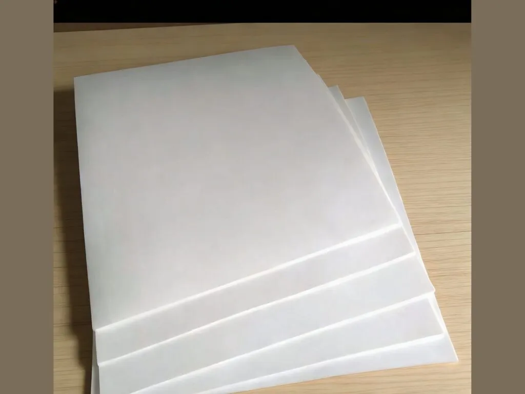 Gioăng PTFE biến tính: Chồng tấm PTFE trắng phẳng đặt trên mặt bàn gỗ