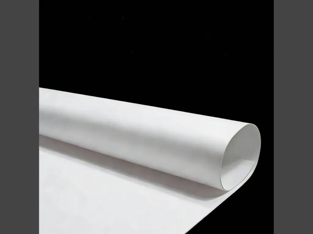 Gioăng PTFE biến tính: Cuộn tấm PTFE trắng mềm cuốn mở nền đen