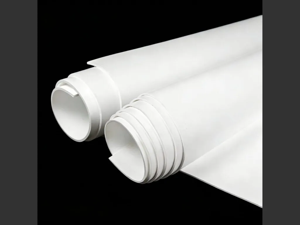 Gioăng PTFE biến tính: Hai cuộn tấm PTFE trắng dày cuốn chặt cạnh nhau