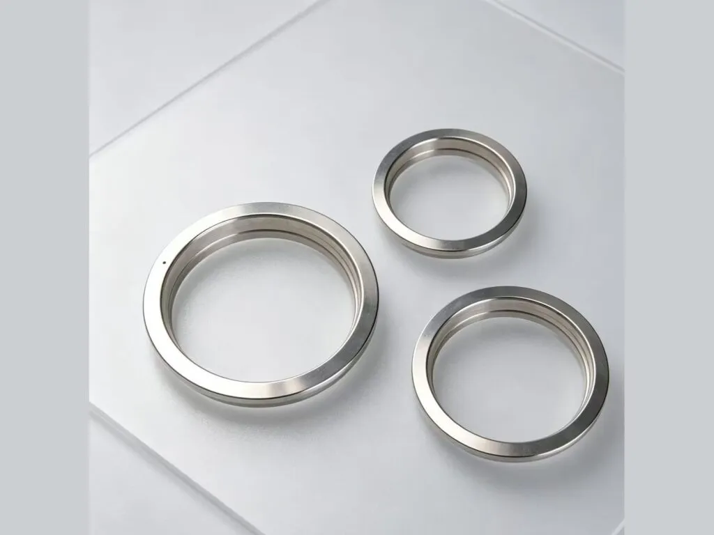 Gioăng ring joint: Ba vòng ring joint đặt rời trên mặt phẳng trắng