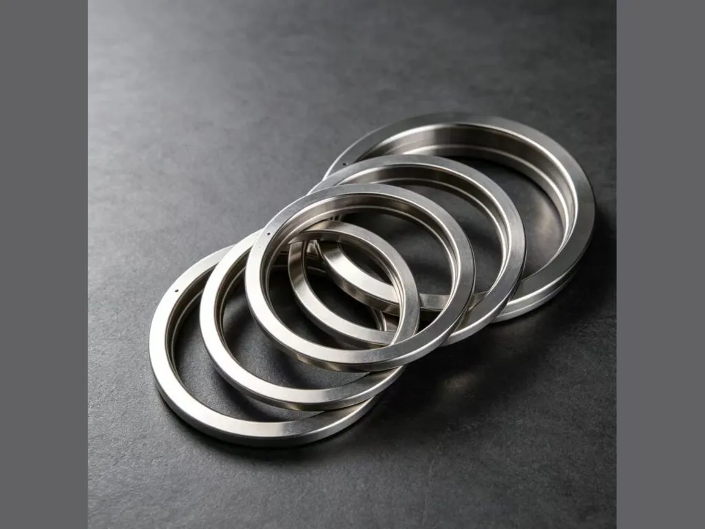 Gioăng ring joint: Sáu vòng ring joint inox xếp chồng nền đen
