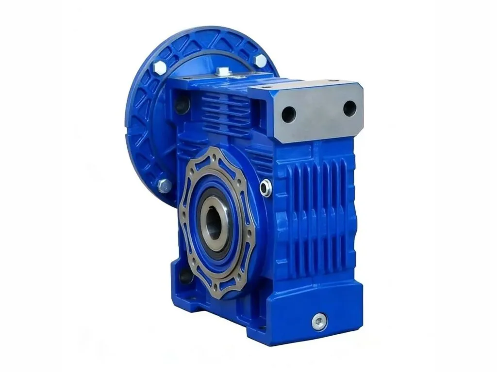 Hộp giảm tốc trục vít: Hộp giảm tốc trục vít vỏ xanh nhìn từ cạnh có tấm đỡ