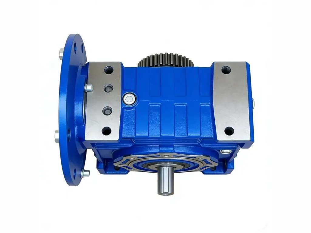Hộp giảm tốc trục vít: Hộp giảm tốc trục vít xanh mặt bích tròn, trục ra phía dưới