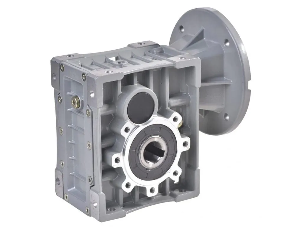 Hộp số giảm tốc bánh răng: Hộp giảm tốc bánh răng côn thân xám có mặt bích lắp động cơ