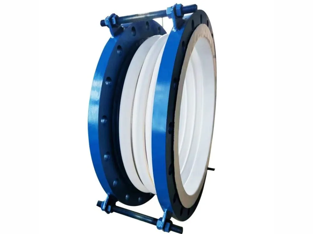 Khớp nối mềm PTFE: Khớp nối mềm PTFE mặt bích sơn xanh có thanh giằng đứng