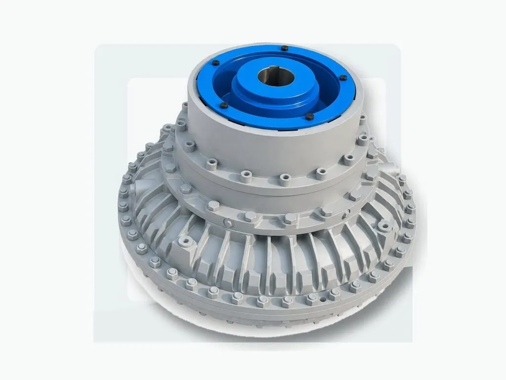 Khớp nối thủy lực: Khớp nối thủy lực nhìn từ trên xuống, nắp xanh dương và thân nhôm có gân