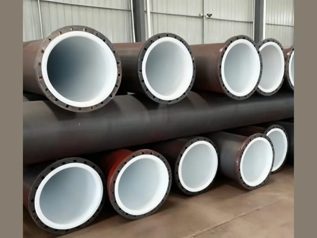 Lót teflon PTFE: Đầu ống thép lót PTFE trắng chồng lên nhau