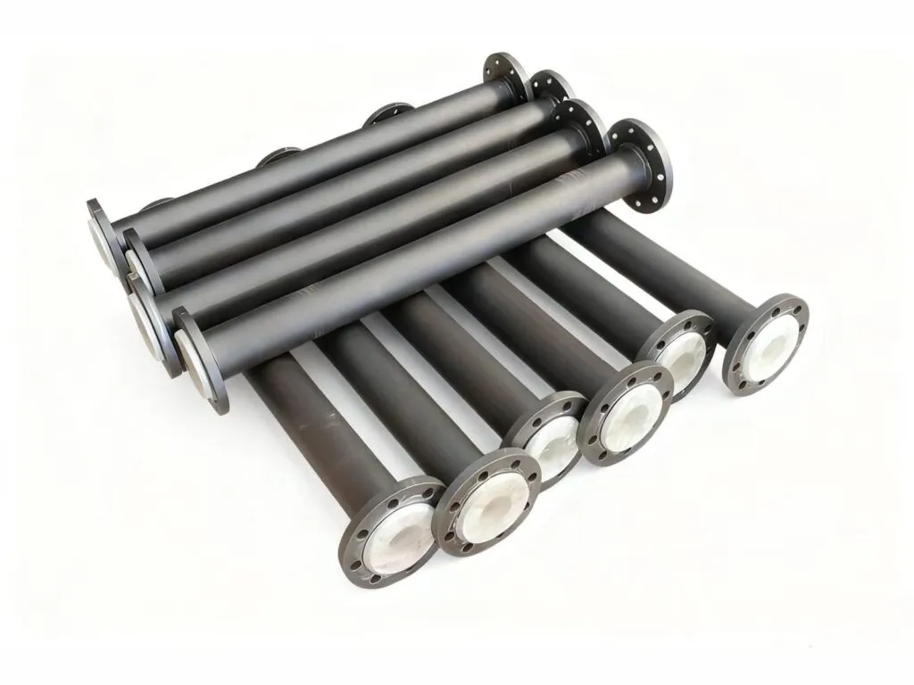 Lót teflon PTFE: Năm ống thép lót PTFE mặt bích xếp trên nền trắng