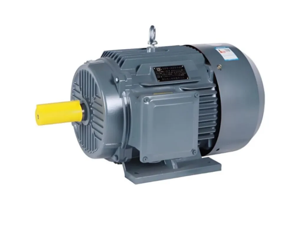 Motor điện 3 pha: Motor điện ba pha vỏ xám có hộp đấu dây và móc nâng