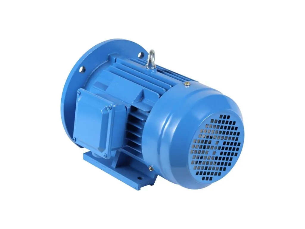 Motor điện 3 pha: Motor điện ba pha vỏ xanh dương có chân đế và cánh quạt gió