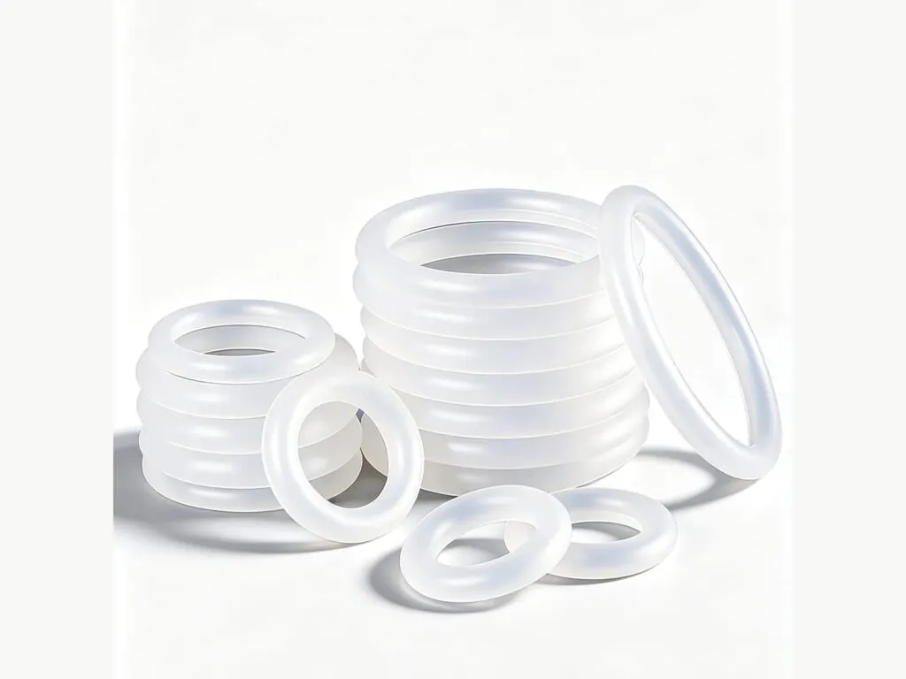 Oring silicone: Chồng oring silicone trong suốt dày nhiều cỡ trên nền trắng