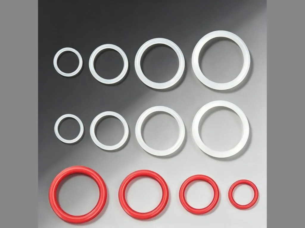 Oring silicone: Hai hàng oring silicone trắng và một hàng oring đỏ xếp theo cỡ