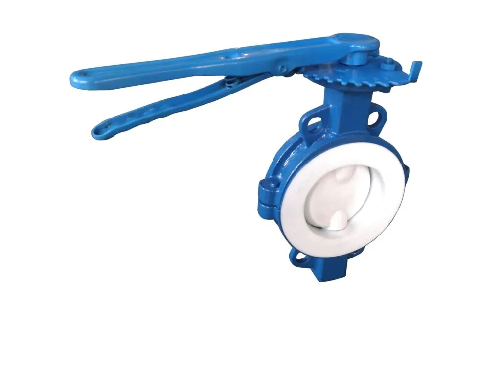 Van bướm lót teflon: Van bướm kẹp lót PTFE trắng, tay gạt dài màu xanh
