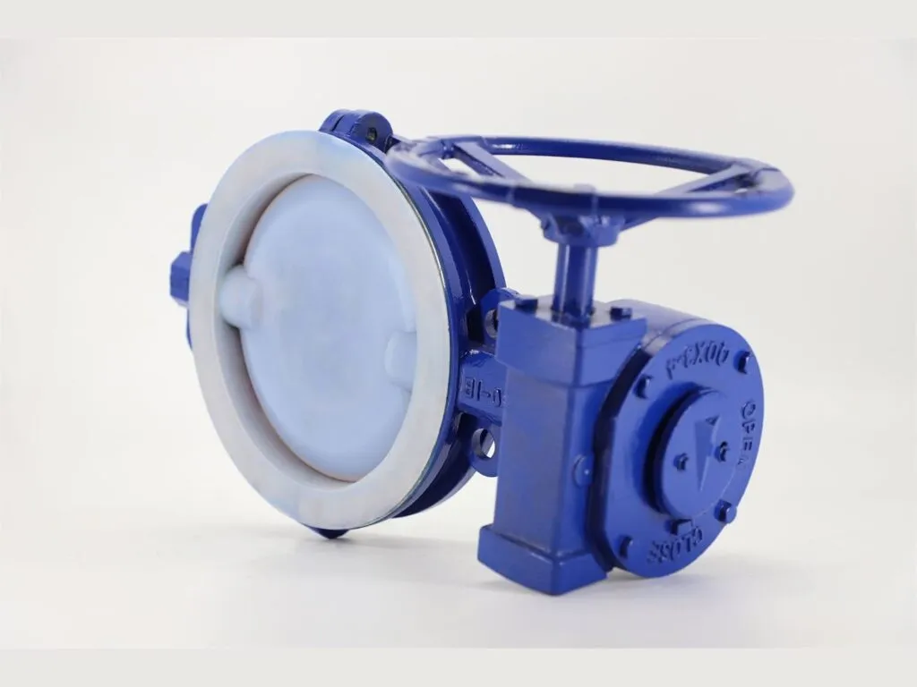 Van bướm lót teflon: Van bướm lót PTFE nhìn góc nghiêng, hộp số và vô lăng
