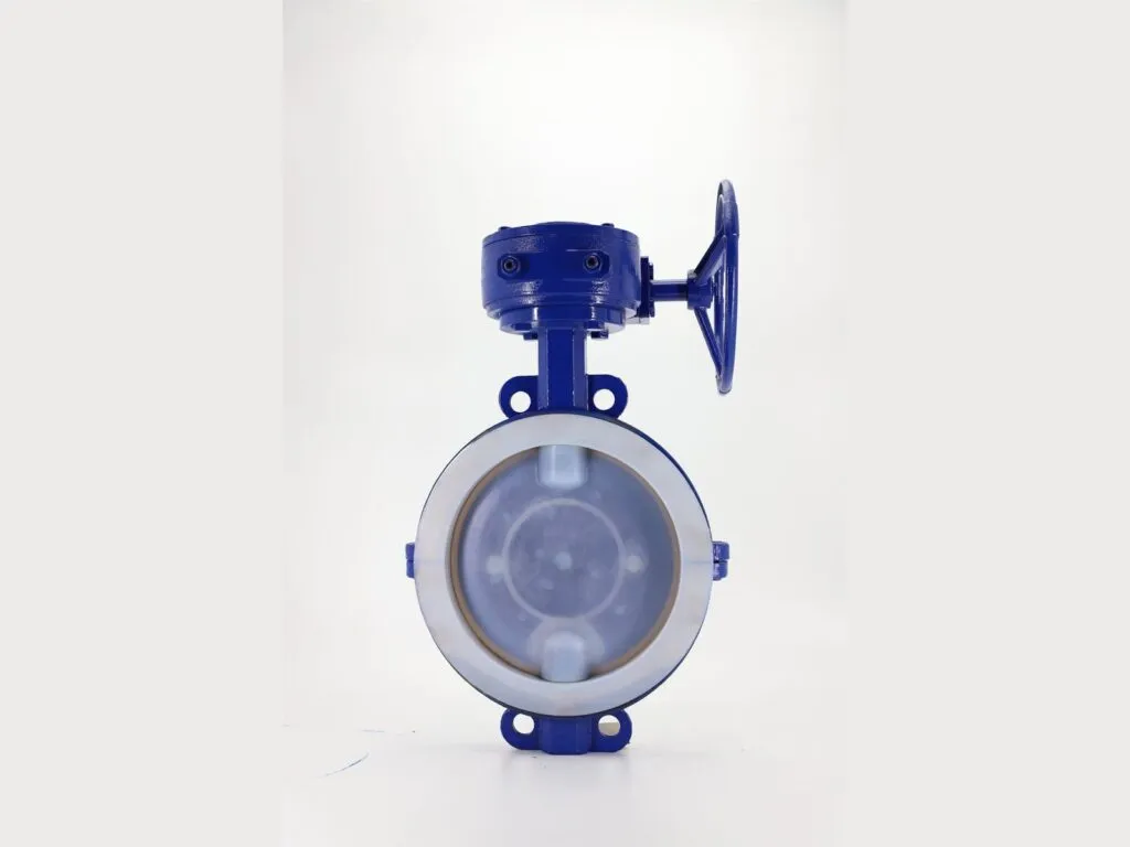 Van bướm lót teflon: Van bướm lót PTFE nhìn thẳng mặt, vô lăng nhỏ phía trên