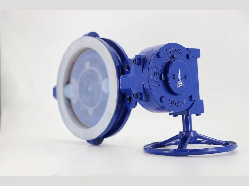 Van bướm lót teflon: Van bướm lót PTFE trắng thân xanh, tay quay hộp số