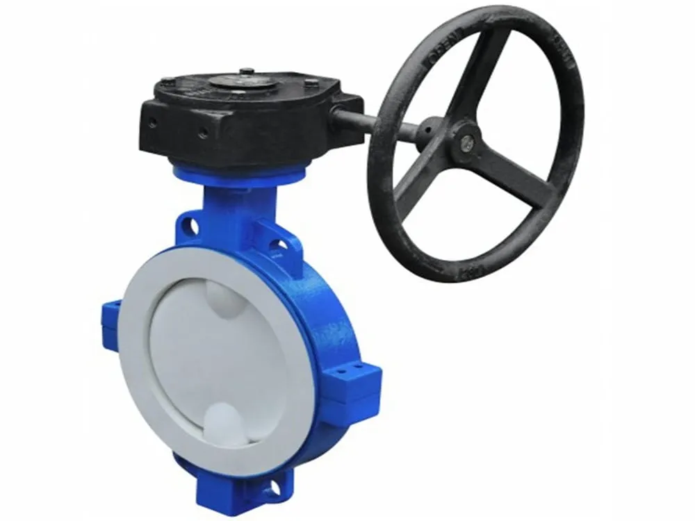 Van bướm lót teflon: Van bướm lót PTFE xám trắng, tay quay đen và thân xanh