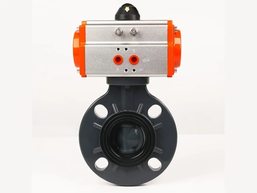 Van bướm nhựa: Van bướm nhựa bốn lỗ bích gắn bộ khí nén cam xám