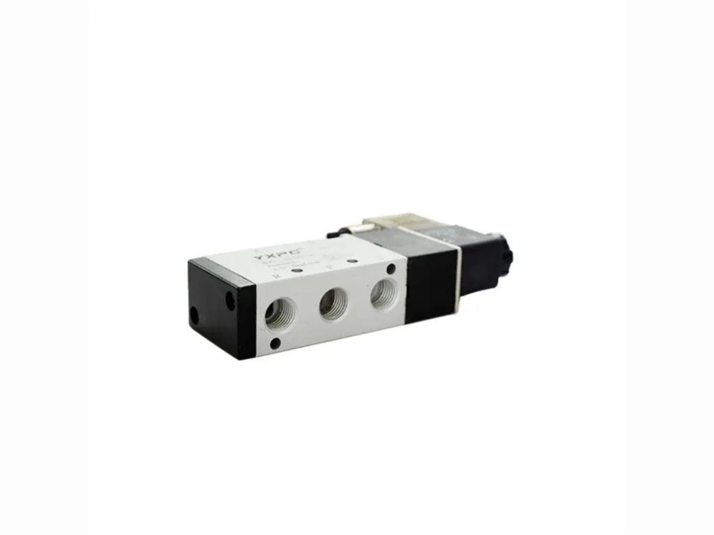 Van điện từ khí nén 4V, 3V, 2/2: Van điện từ khí nén nhìn từ đầu bịt, hai cổng ren lớn trên thân
