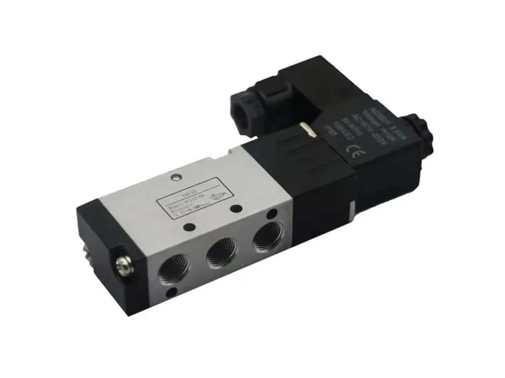 Van điện từ khí nén 4V, 3V, 2/2: Van điện từ khí nén thân nhôm đầu đen, mặt dưới có ba cổng khí