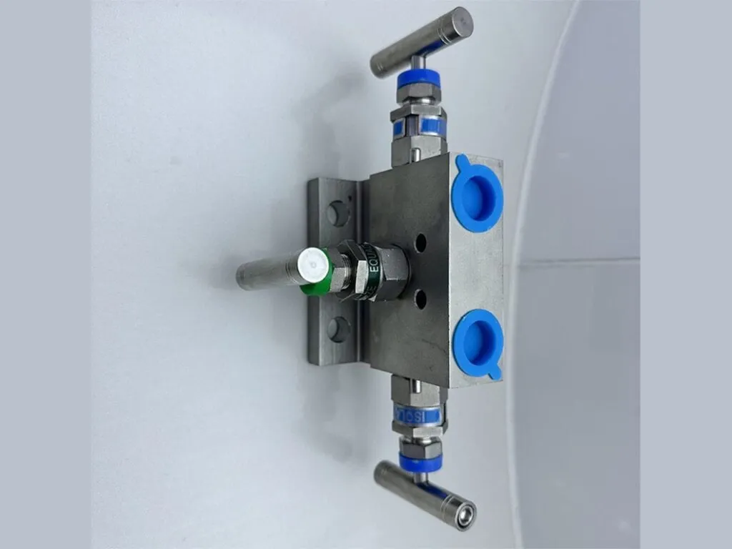 Van kim đồng hồ áp suất: Cụm van kim năm van inox chụp nghiêng với tay van dài