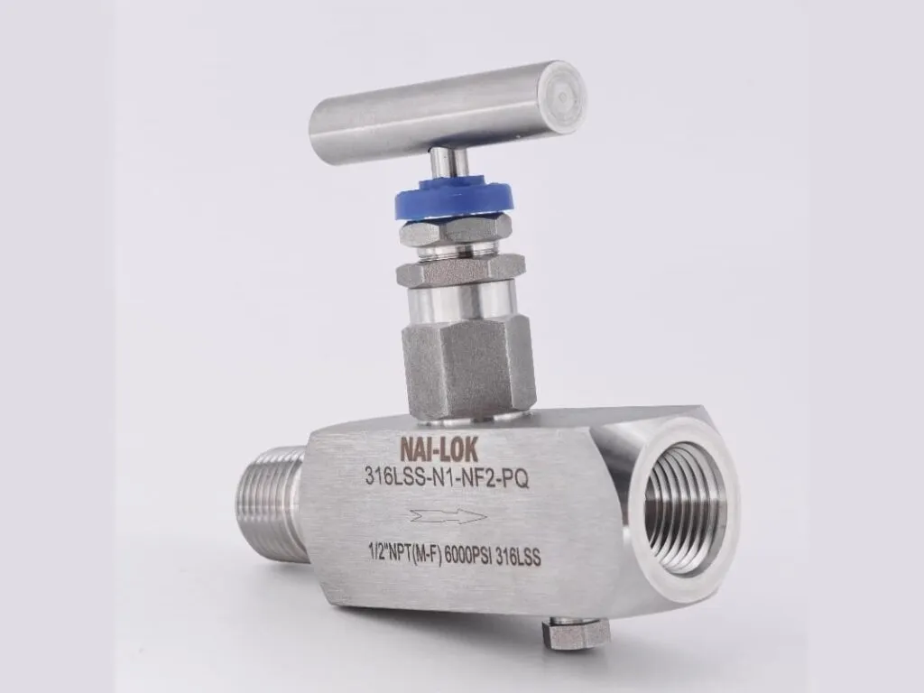 Van kim đồng hồ áp suất: Van kim inox 316 tay gạt, một đầu ren trong một đầu ren ngoài