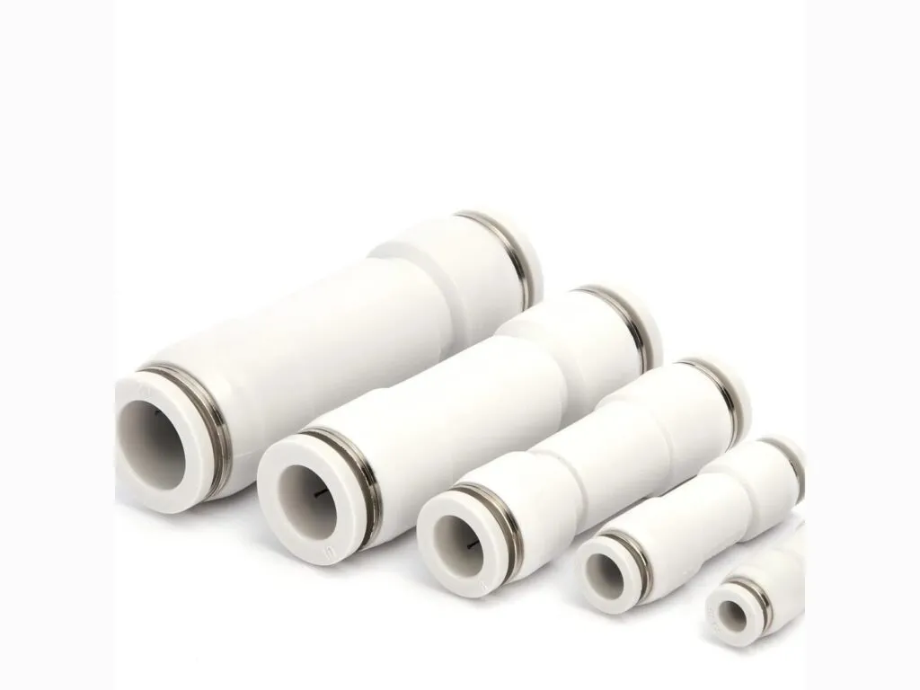 Van một chiều khí nén: Dãy van một chiều nối nhanh nhựa trắng xếp từ lớn đến nhỏ