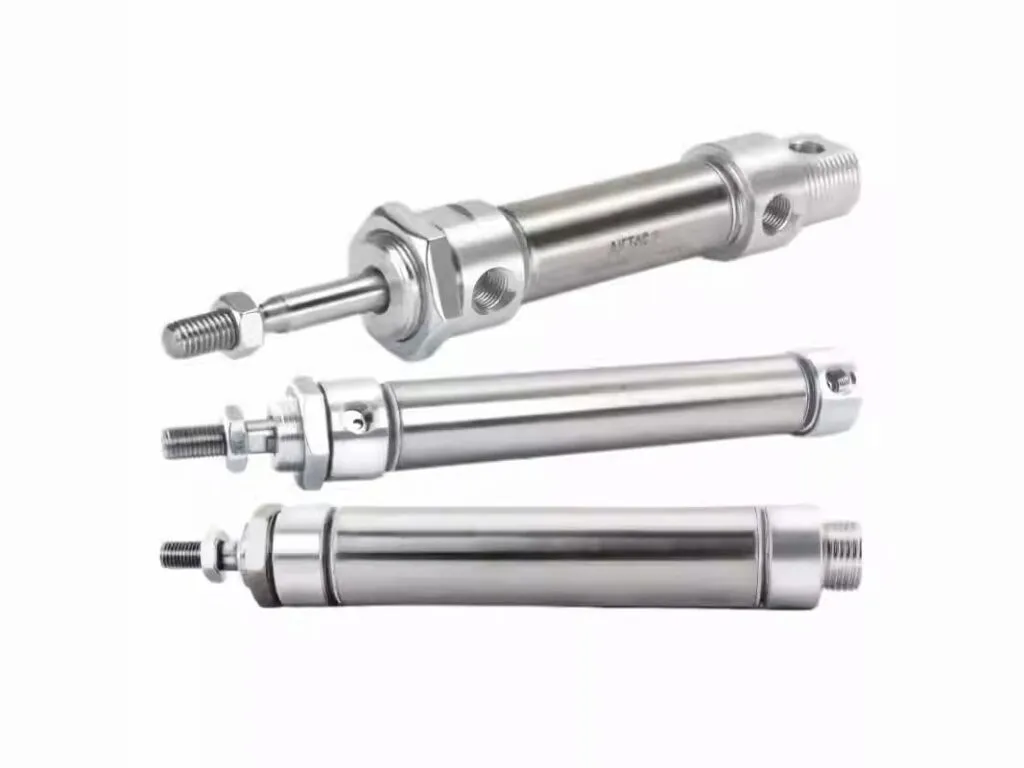 Xi lanh khí nén tròn MA, MAL: Ba xi lanh tròn inox nằm ngang khác đường kính và hành trình