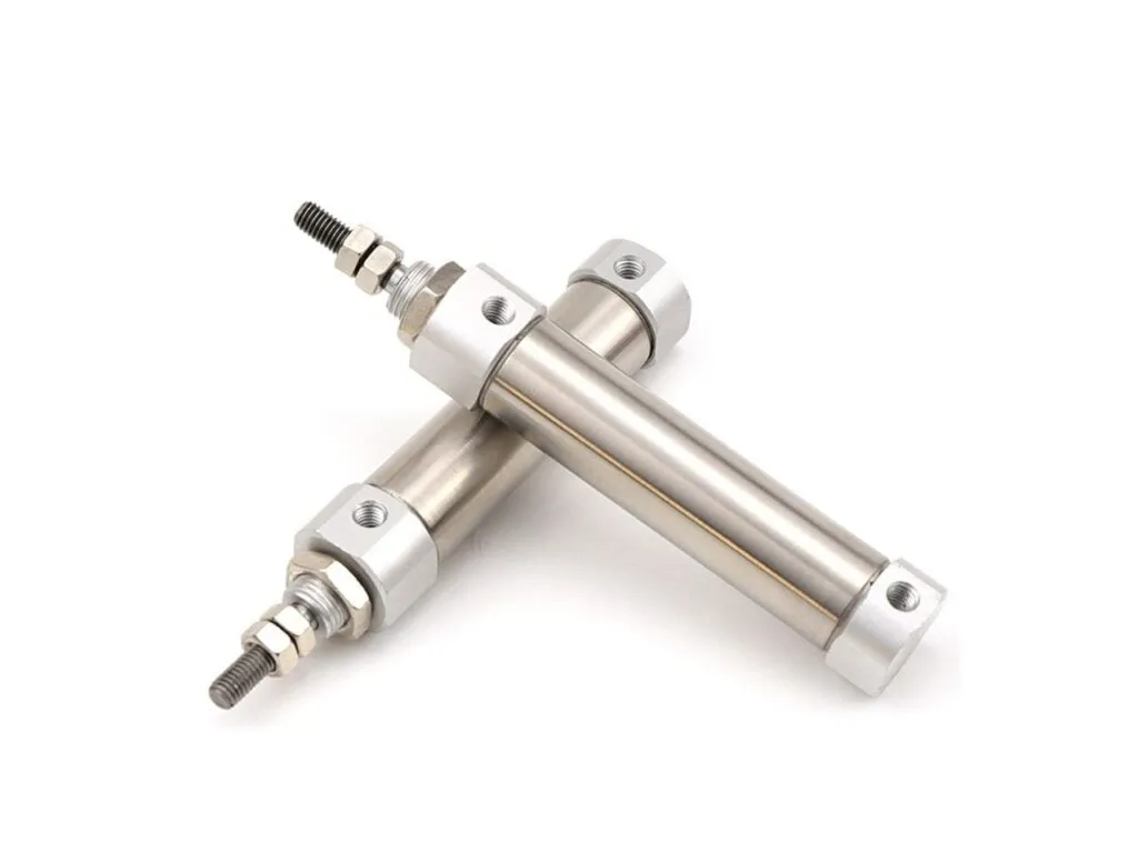 Xi lanh khí nén tròn MA, MAL: Hai xi lanh tròn inox đặt chéo nhau thấy đai ốc cổ